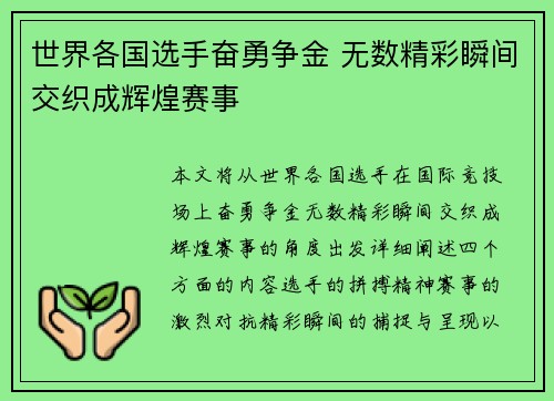 世界各国选手奋勇争金 无数精彩瞬间交织成辉煌赛事