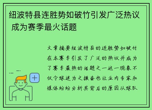 纽波特县连胜势如破竹引发广泛热议 成为赛季最火话题