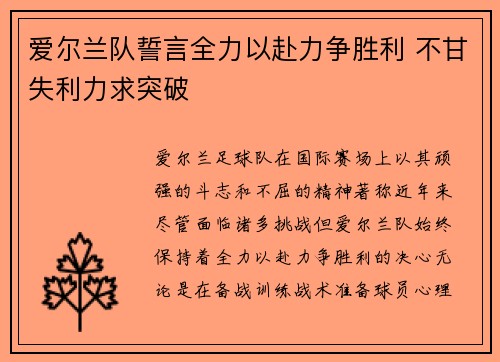 爱尔兰队誓言全力以赴力争胜利 不甘失利力求突破