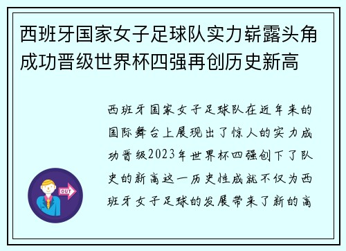 西班牙国家女子足球队实力崭露头角成功晋级世界杯四强再创历史新高