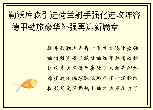 勒沃库森引进荷兰射手强化进攻阵容 德甲劲旅豪华补强再迎新篇章