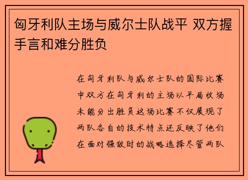 匈牙利队主场与威尔士队战平 双方握手言和难分胜负