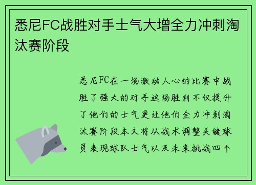 悉尼FC战胜对手士气大增全力冲刺淘汰赛阶段