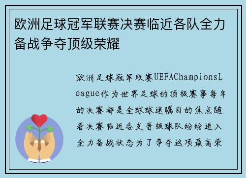 欧洲足球冠军联赛决赛临近各队全力备战争夺顶级荣耀