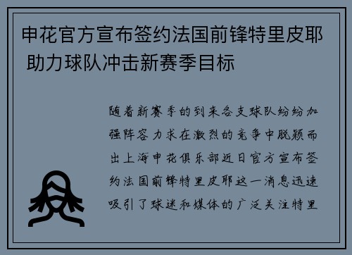 申花官方宣布签约法国前锋特里皮耶 助力球队冲击新赛季目标