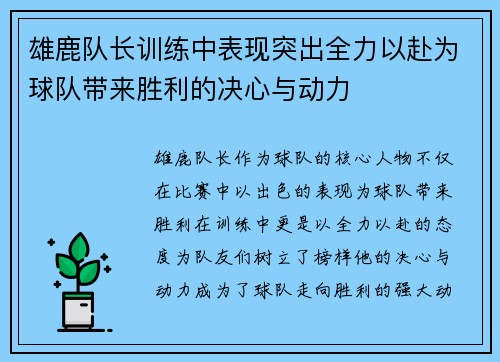 雄鹿队长训练中表现突出全力以赴为球队带来胜利的决心与动力