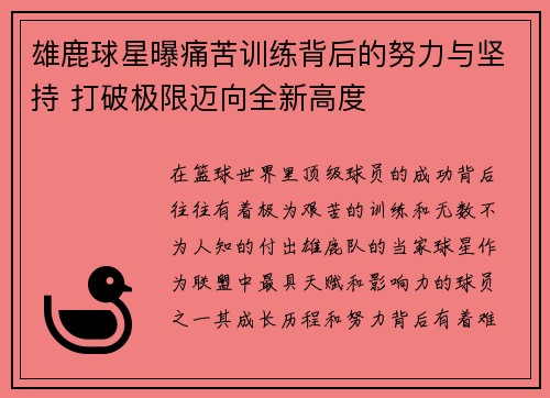 雄鹿球星曝痛苦训练背后的努力与坚持 打破极限迈向全新高度