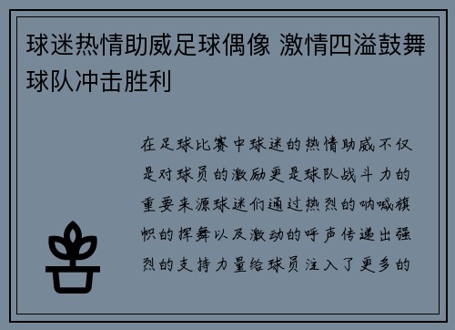 球迷热情助威足球偶像 激情四溢鼓舞球队冲击胜利